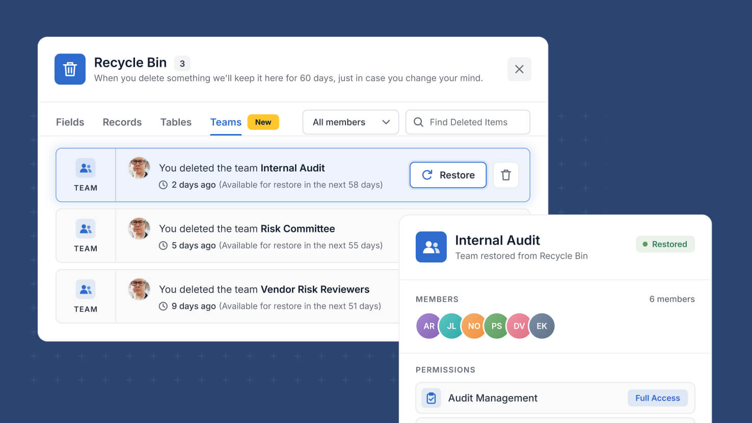 Whats New page - Recycle bin - Restore teams